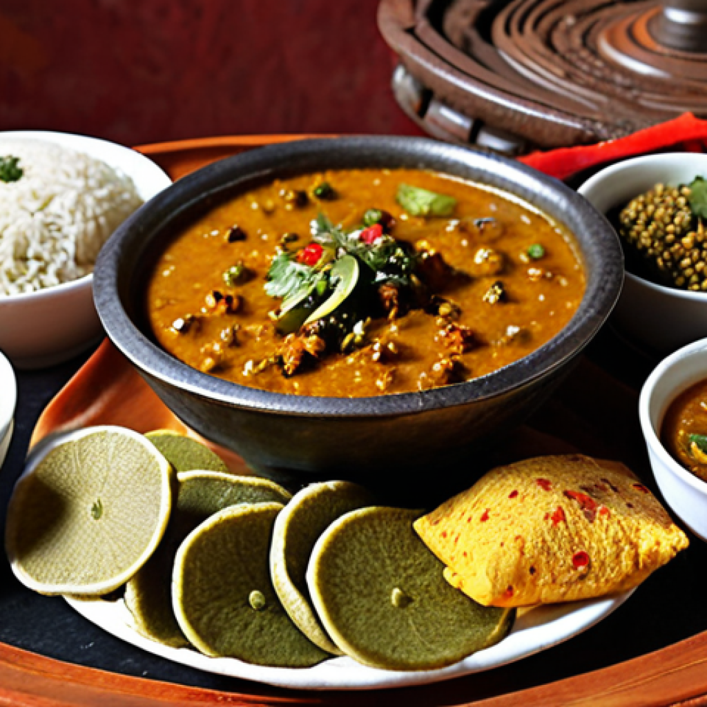 A vibrant and harmonious spread of traditional Nepalese cuisine, showcasing a balanced blend of Indian and Tibetan influences. Feature a central platter with Daal Bhat (steamed rice, a bowl of lentil soup, and various vibrant vegetable tarkaris/curries), surrounded by smaller bowls of fresh, aromatic spices like turmeric, cumin, and timur (Sichuan pepper). Emphasize fresh ingredients, warm earthy tones, and inviting textures. A subtle hint of a Himalayan landscape or rustic Nepalese decor in the background. Photorealistic, warm natural lighting, high detail.