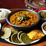A vibrant and harmonious spread of traditional Nepalese cuisine, showcasing a balanced blend of Indian and Tibetan influences. Feature a central platter with Daal Bhat (steamed rice, a bowl of lentil soup, and various vibrant vegetable tarkaris/curries), surrounded by smaller bowls of fresh, aromatic spices like turmeric, cumin, and timur (Sichuan pepper). Emphasize fresh ingredients, warm earthy tones, and inviting textures. A subtle hint of a Himalayan landscape or rustic Nepalese decor in the background. Photorealistic, warm natural lighting, high detail.