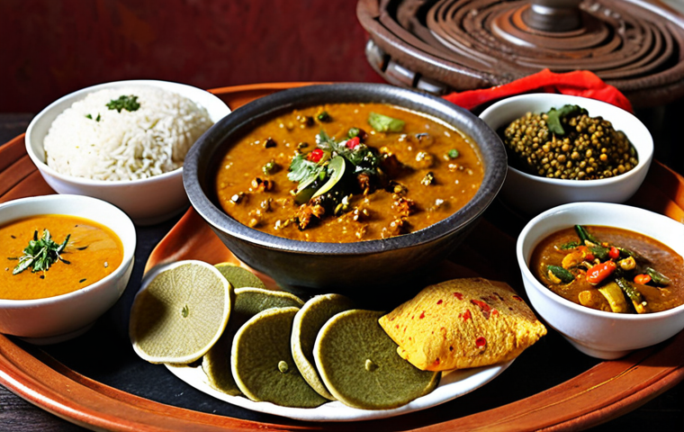 A vibrant and harmonious spread of traditional Nepalese cuisine, showcasing a balanced blend of Indian and Tibetan influences. Feature a central platter with Daal Bhat (steamed rice, a bowl of lentil soup, and various vibrant vegetable tarkaris/curries), surrounded by smaller bowls of fresh, aromatic spices like turmeric, cumin, and timur (Sichuan pepper). Emphasize fresh ingredients, warm earthy tones, and inviting textures. A subtle hint of a Himalayan landscape or rustic Nepalese decor in the background. Photorealistic, warm natural lighting, high detail.