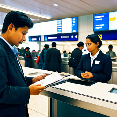 Home 8 A person, fully clothed in professional yet comfortable travel attire, standing calmly at a modern immigration counter within a well-lit, organized international airport terminal, reminiscent of Tribhuvan International Airport (TIA). Automated visa kiosks are visible in the background, along with a few other travelers. The person holds a neatly organized folder of travel documents, presenting their passport to an immigration officer (who is partially visible, ensuring focus on the traveler). High-resolution professional photography, sharp focus, natural lighting, perfect anatomy, correct proportions, well-formed hands, natural body proportions. safe for work, appropriate content, fully clothed, modest clothing, family-friendly.
