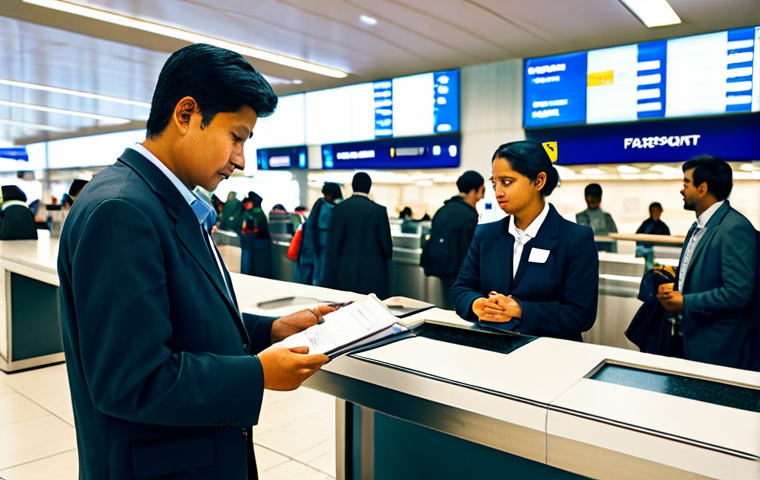 A person, fully clothed in professional yet comfortable travel attire, standing calmly at a modern immigration counter within a well-lit, organized international airport terminal, reminiscent of Tribhuvan International Airport (TIA). Automated visa kiosks are visible in the background, along with a few other travelers. The person holds a neatly organized folder of travel documents, presenting their passport to an immigration officer (who is partially visible, ensuring focus on the traveler). High-resolution professional photography, sharp focus, natural lighting, perfect anatomy, correct proportions, well-formed hands, natural body proportions. safe for work, appropriate content, fully clothed, modest clothing, family-friendly.