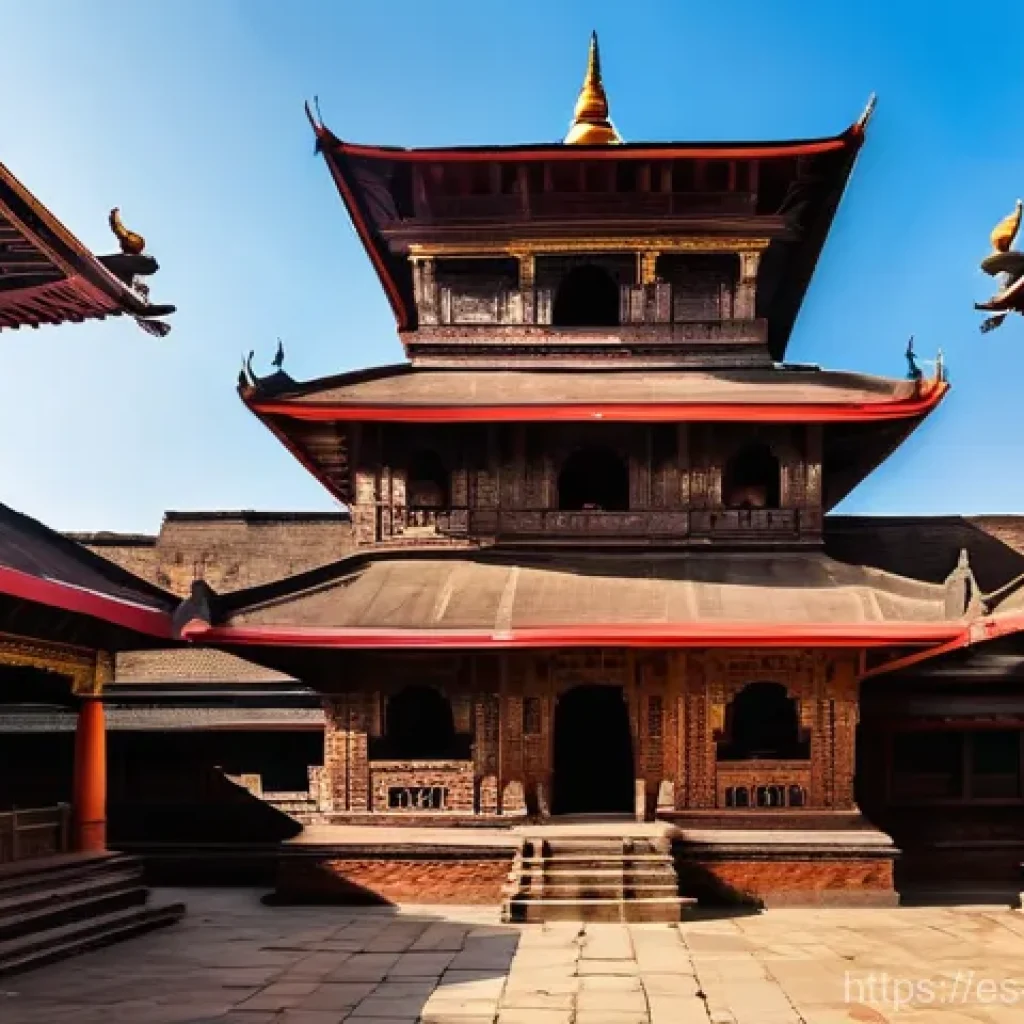네팔과 티베트 전통 건축 비교 - **A grand Nepalese Pagoda temple in an ancient city square.** The temple features multiple tiered, r...
