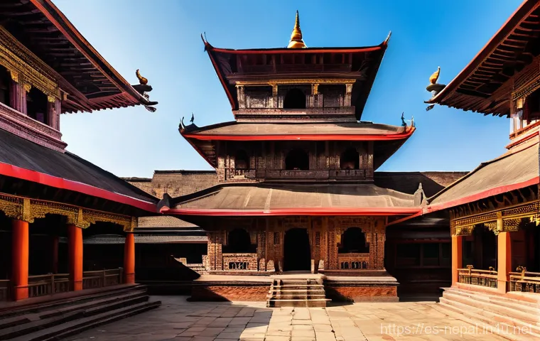 네팔과 티베트 전통 건축 비교 - **A grand Nepalese Pagoda temple in an ancient city square.** The temple features multiple tiered, r...