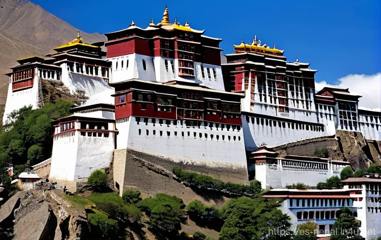 네팔과 티베트 전통 건축 비교 - **A majestic Nepalese Buddhist Stupa, similar to Boudhanath, under a serene sky.** The central eleme...
