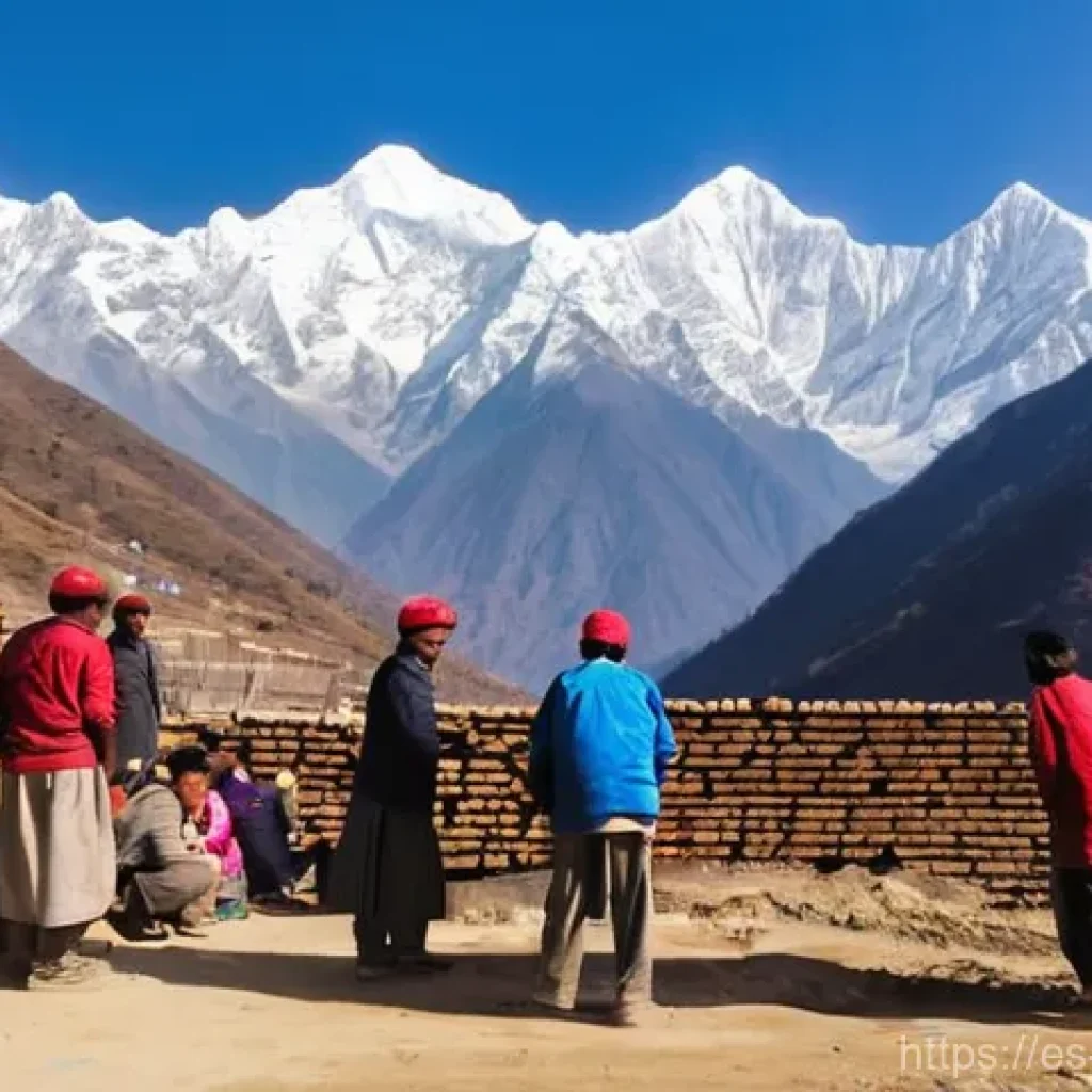 네팔의 국제 원조 및 개발 프로젝트 - **Prompt:** A vibrant scene in a reconstructed Nepalese village after the 2015 earthquake. Local vil...