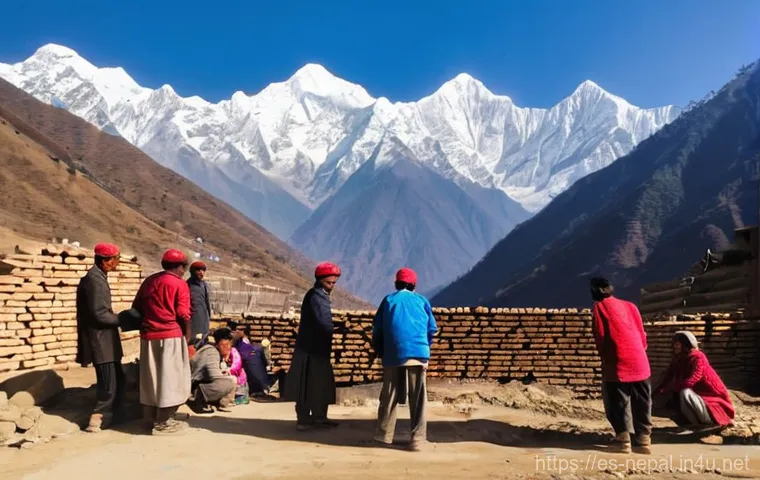 네팔의 국제 원조 및 개발 프로젝트 - **Prompt:** A vibrant scene in a reconstructed Nepalese village after the 2015 earthquake. Local vil...