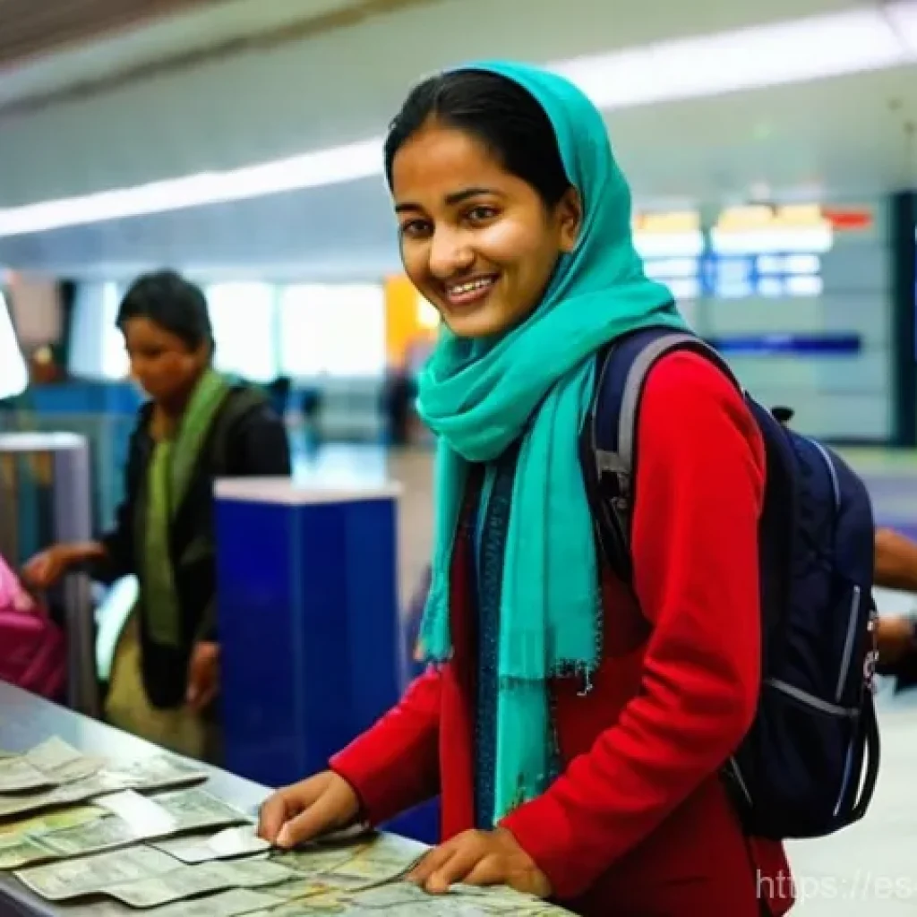 네팔에서의 환전 요령 - **"Airport Currency Exchange in Kathmandu"**
A young female traveler, approximately 30 years old...