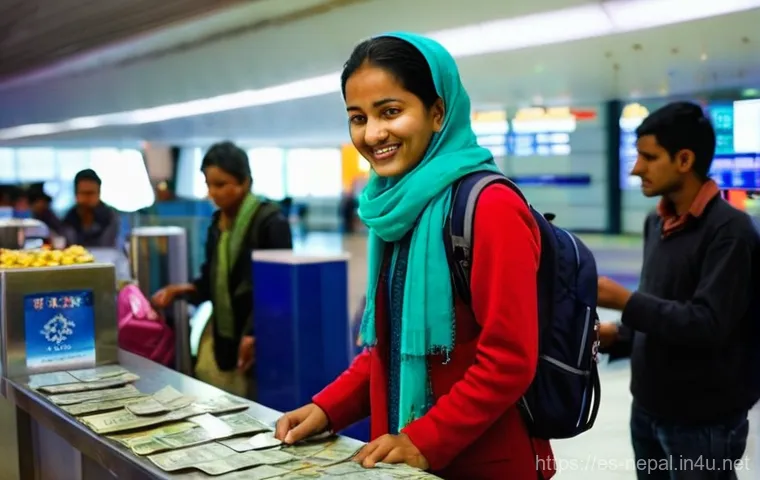 네팔에서의 환전 요령 - **"Airport Currency Exchange in Kathmandu"**
    A young female traveler, approximately 30 years old...