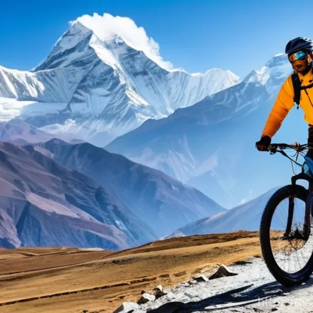 네팔의 자전거 트레일 - **High-Altitude Himalayan Cycling Adventure:**
    "A male or female mountain biker, wearing a vibra...