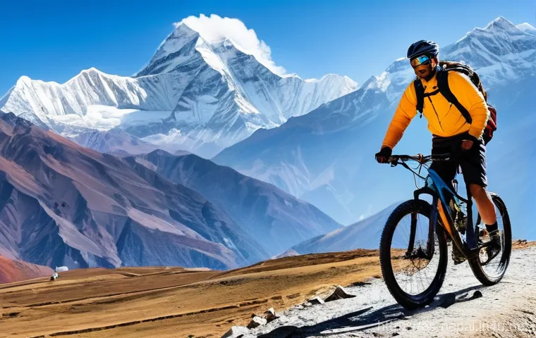 네팔의 자전거 트레일 - **High-Altitude Himalayan Cycling Adventure:**
    "A male or female mountain biker, wearing a vibra...