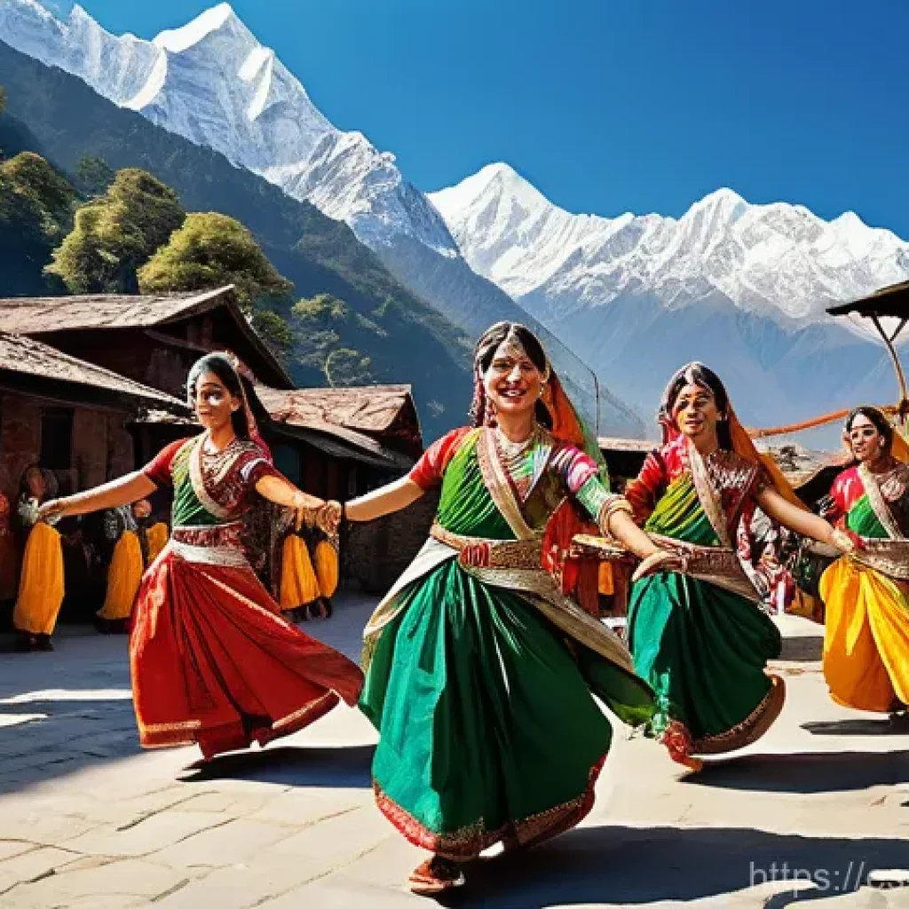 네팔의 유명한 전통 춤 - **Vibrant Nepalese Festival Dance in a Mountain Village:**
    A dynamic and joyful scene depicting ...