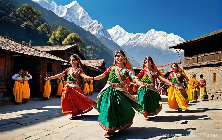 네팔의 유명한 전통 춤 - **Vibrant Nepalese Festival Dance in a Mountain Village:**
    A dynamic and joyful scene depicting ...