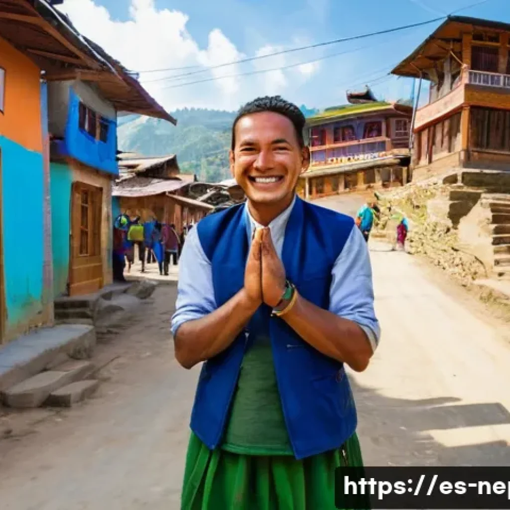 네팔 여행 중 유용한 네팔어 회화 - A warm and respectful street scene in a small Nepali village during daytime, featuring a smiling tra...