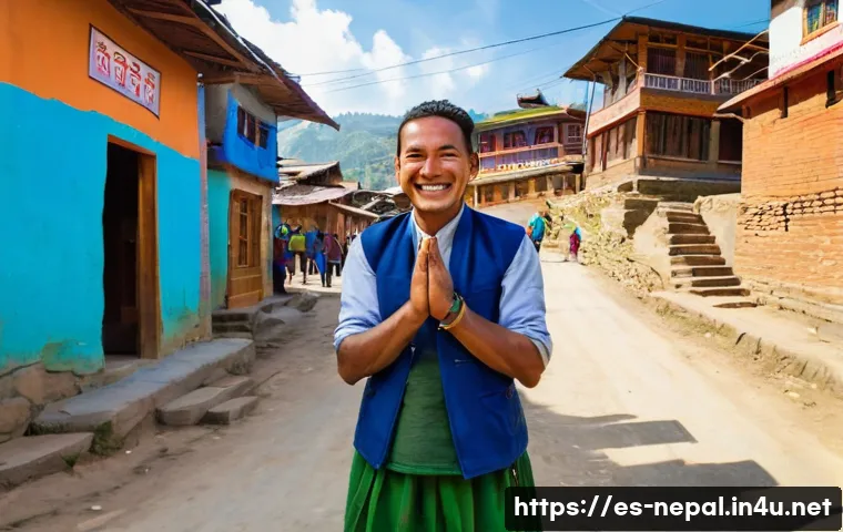 네팔 여행 중 유용한 네팔어 회화 - A warm and respectful street scene in a small Nepali village during daytime, featuring a smiling tra...