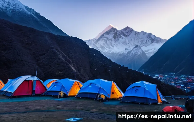 네팔 산악 구조 시스템 - A high-altitude mountain rescue operation base in Nepal at Lukla during dawn, featuring a rugged sto...