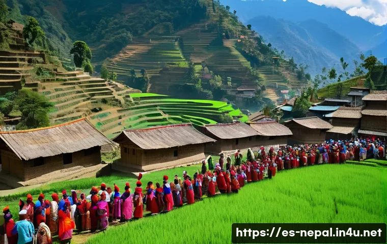 네팔의 다국어 문화 - A vibrant cultural festival scene in rural Nepal, showcasing diverse ethnic groups wearing tradition...