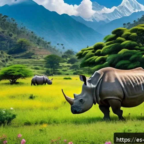 Home 31 네팔의 주요 국립공원 탐방 - A vibrant scene of Nepal’s diverse wildlife habitat featuring a one-horned rhinoceros peacefully gra...