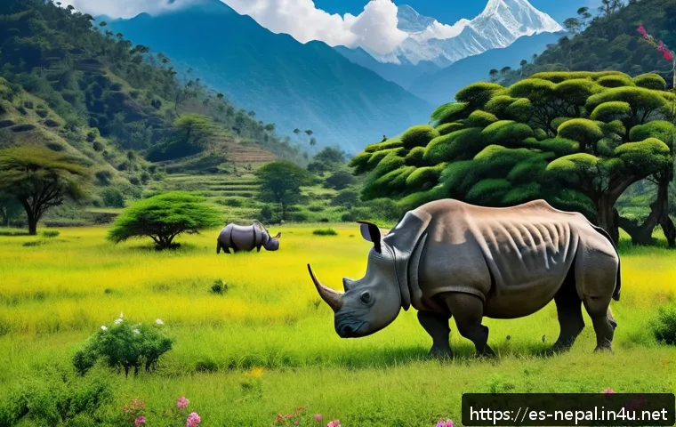 네팔의 주요 국립공원 탐방 - A vibrant scene of Nepal’s diverse wildlife habitat featuring a one-horned rhinoceros peacefully gra...