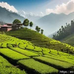 Home 23 네팔의 주요 경제활동 차 재배와 무역 - A vibrant tea plantation scene in the mountainous region of Nepal, showing rows of lush green tea bu...