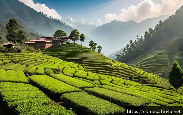 네팔의 주요 경제활동 차 재배와 무역 - A vibrant tea plantation scene in the mountainous region of Nepal, showing rows of lush green tea bu...
