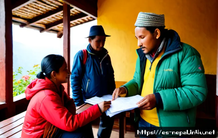 Home 17 네팔의 현지 가이드 고용 팁 - Photorealistic travel planning scene in a Kathmandu guesthouse courtyard, a friendly Nepali local gu...